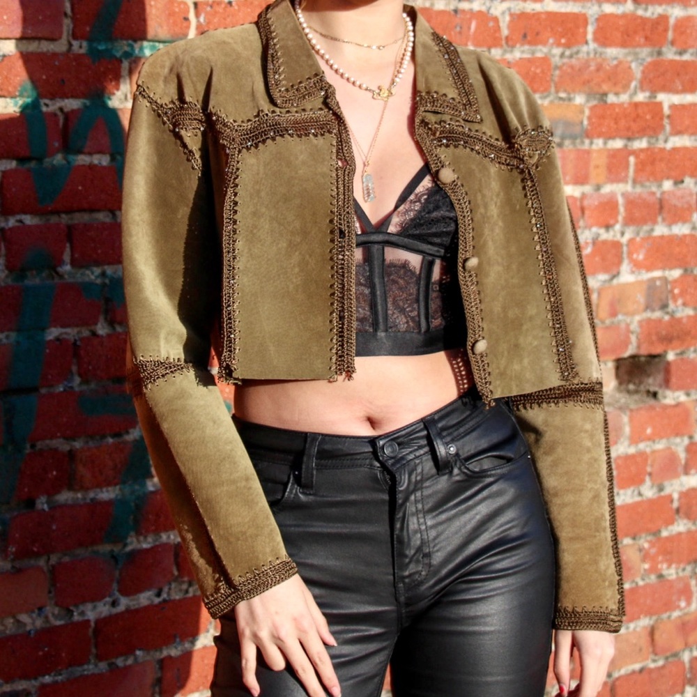Vintage Olive Green Cropped Suede Leather Jacket